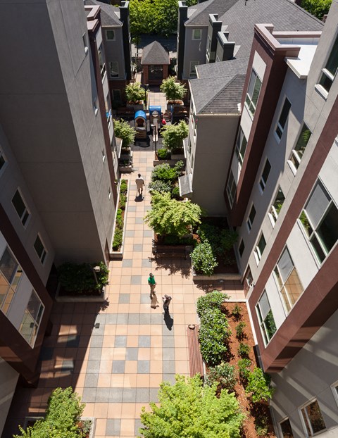 a view of the courtyard from the top of the building