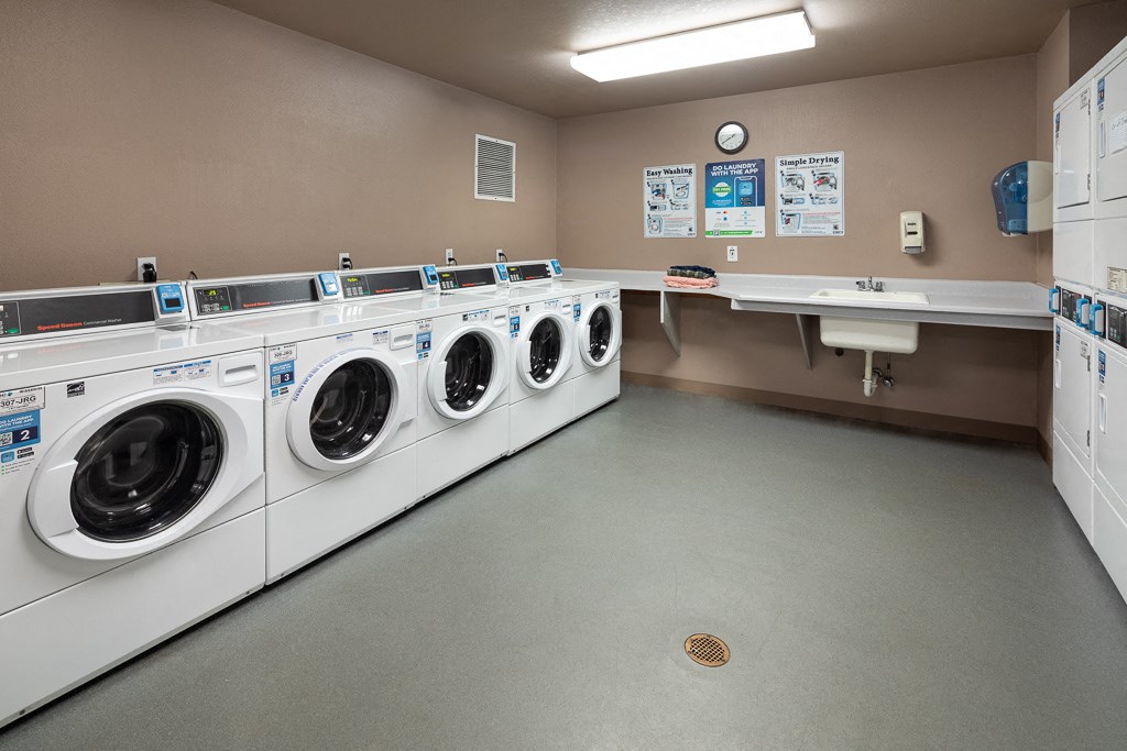 a washer and dryer room with a row of washing machines