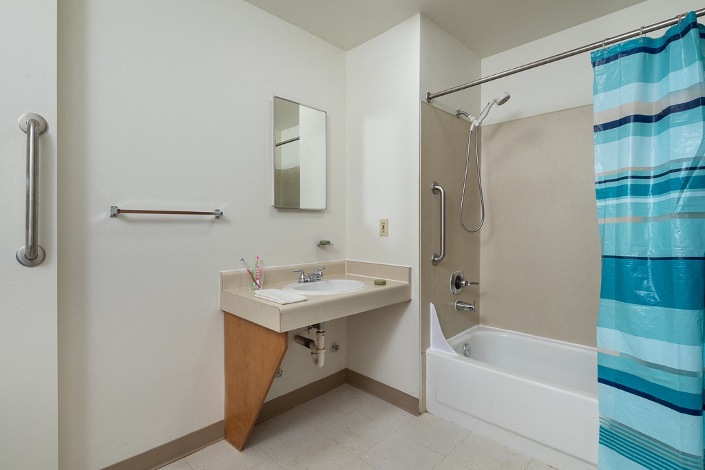 a bathroom with a shower and a sink and a mirror