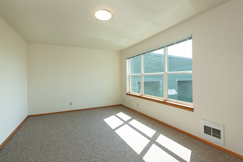 A room with a window and a carpet on the floor.