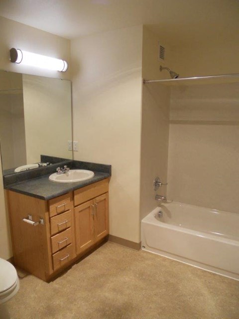 A bathroom with a sink, toilet, and bathtub.