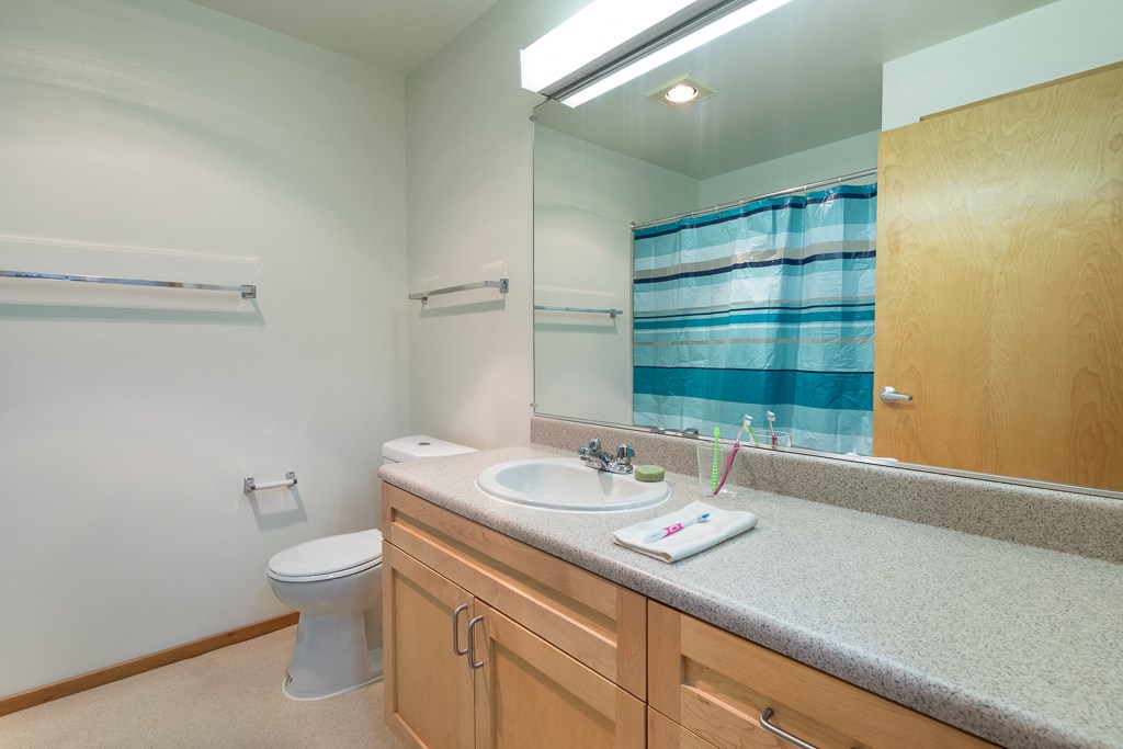 A bathroom with a toilet, sink, and mirror.