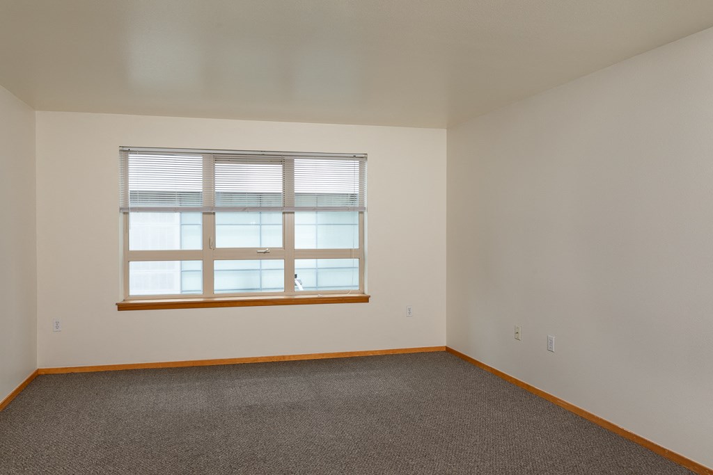 A room with a window and carpeted floor.