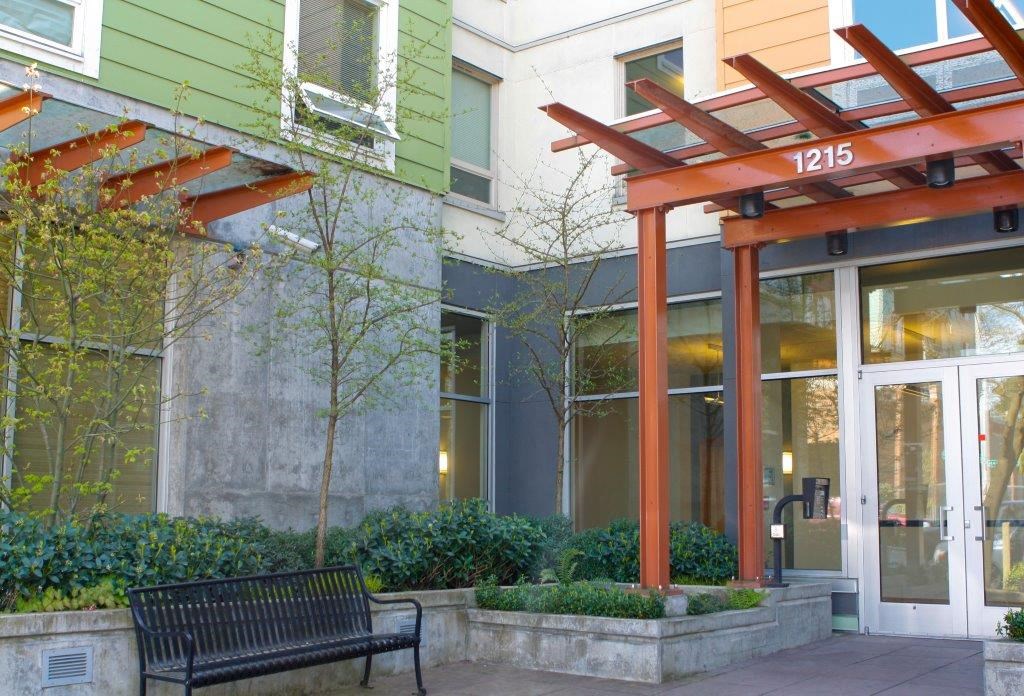 a bench in front of a building