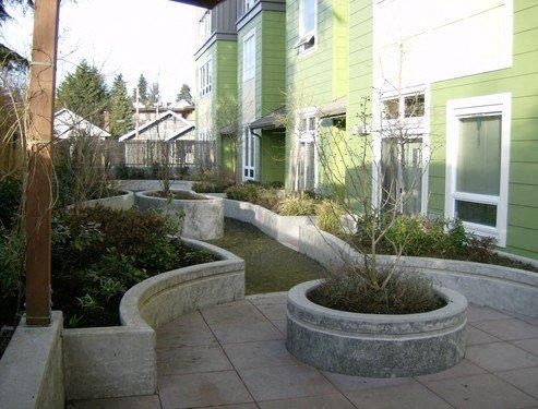 a courtyard with a pond in front of a green house