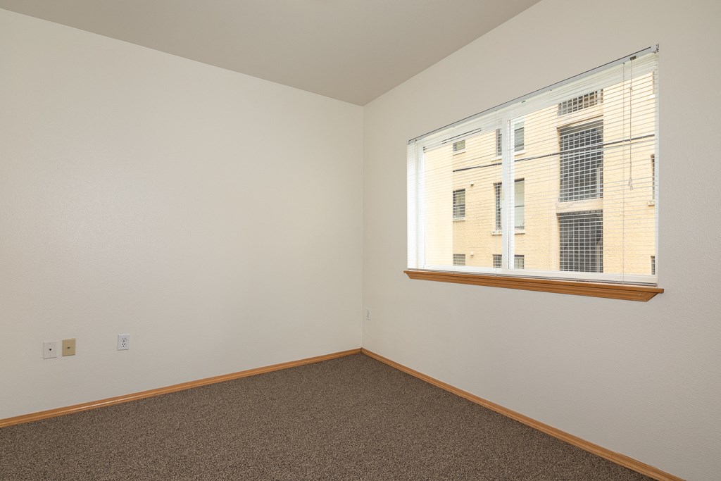 a bedroom with a large window and a carpeted floor