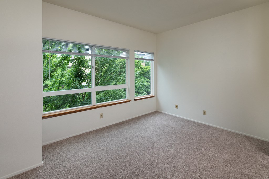an empty room with a large window and carpet