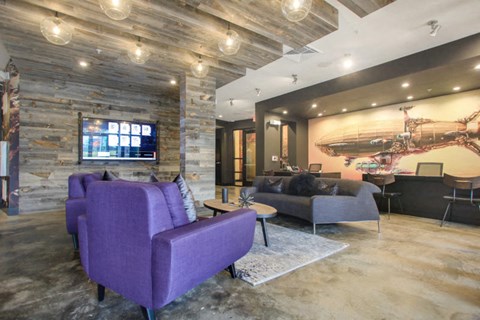 a living room with purple couches and a tv