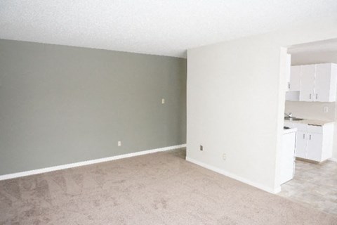 an empty living room and a kitchen with white cabinets
