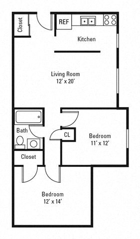 2 bed 1 bath floor plan 2 bed 1 bath floor plan at Highview Manor Apartments, Fairport, NY
