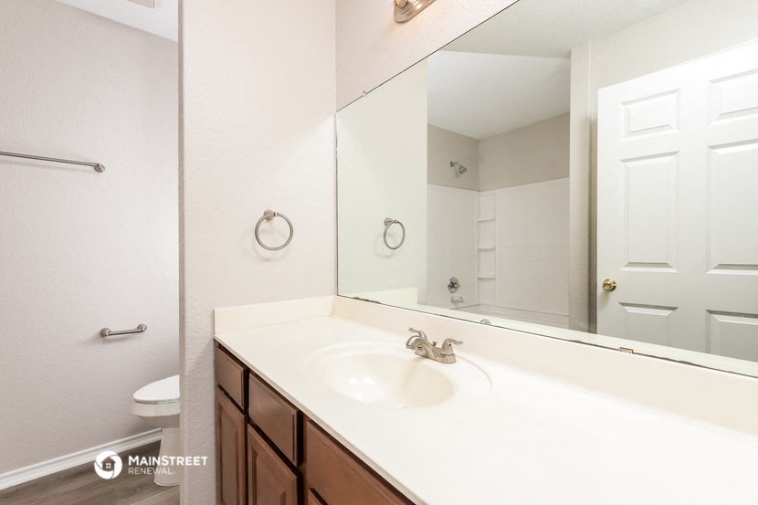 a bathroom with a sink and a mirror