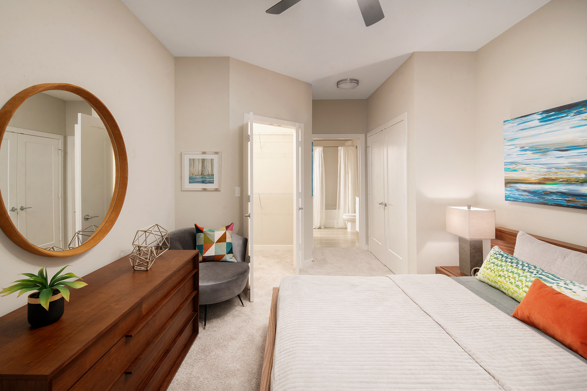 Bainbridge at Westshore Marina Bedroom with Carpet, Ceiling Fan and Walk-In Closet