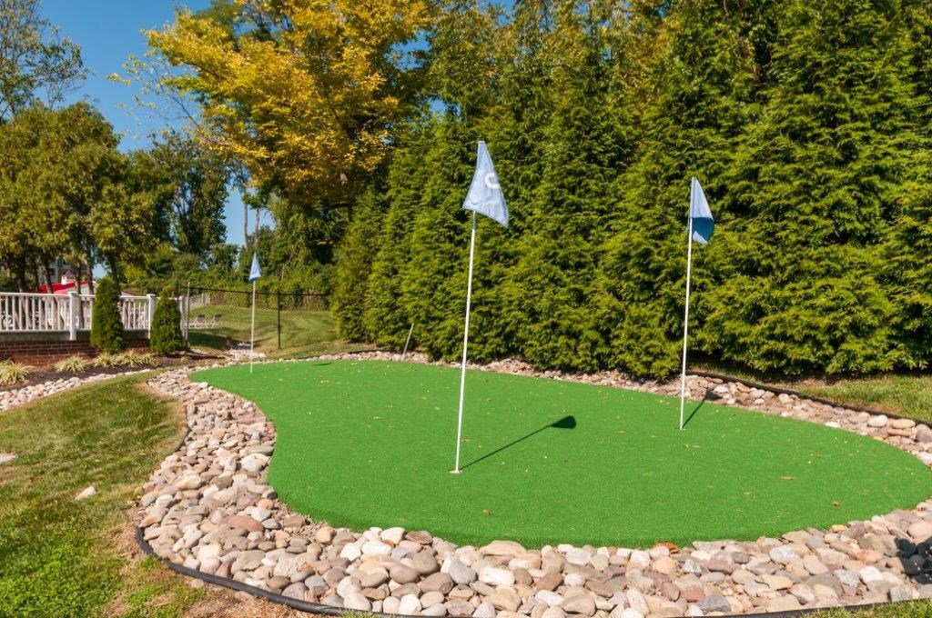 a mini golf course in the backyard of a home
