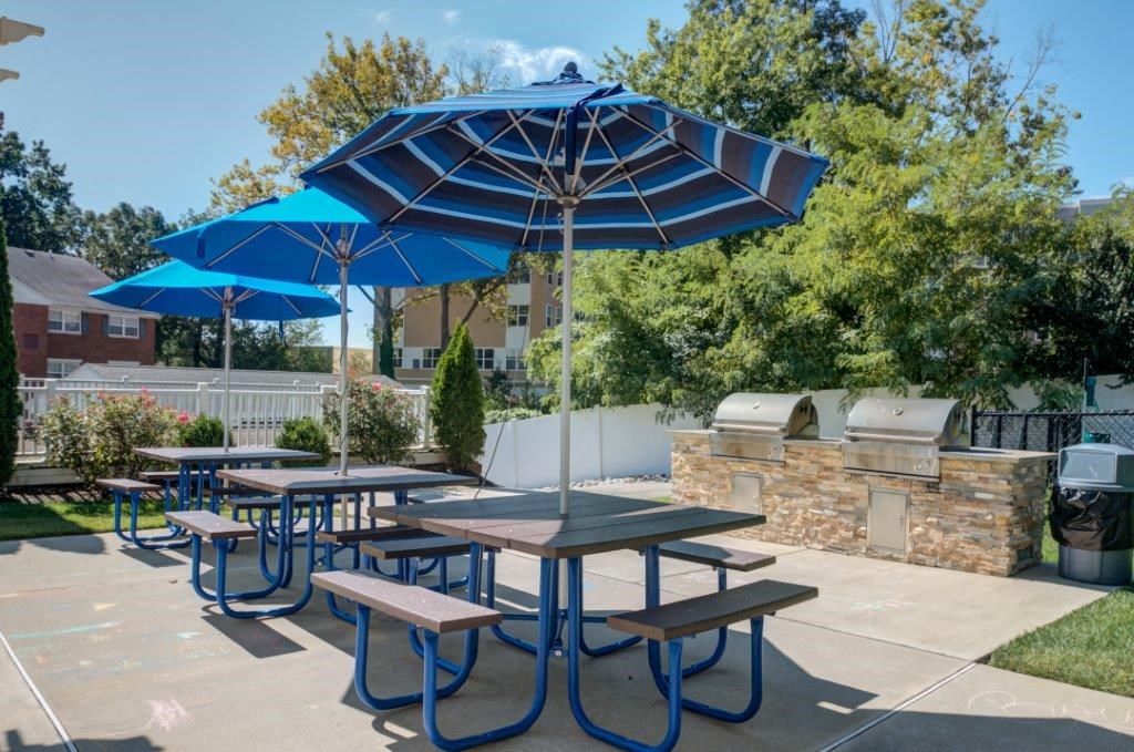 our picnic tables have umbrellas over them and benches