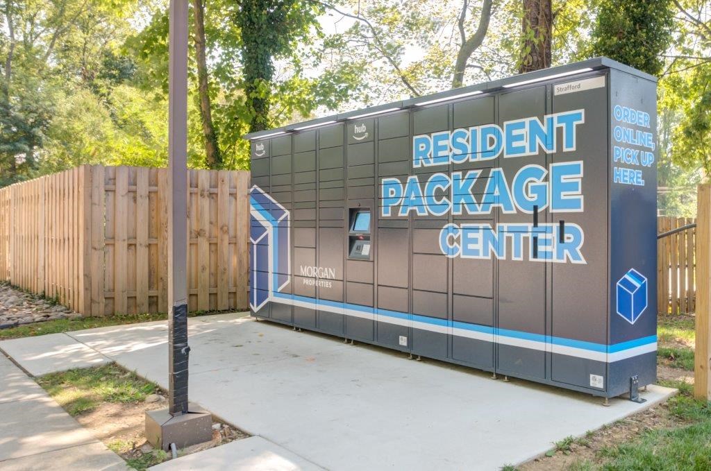 a building with a sign that says resident backage center on it