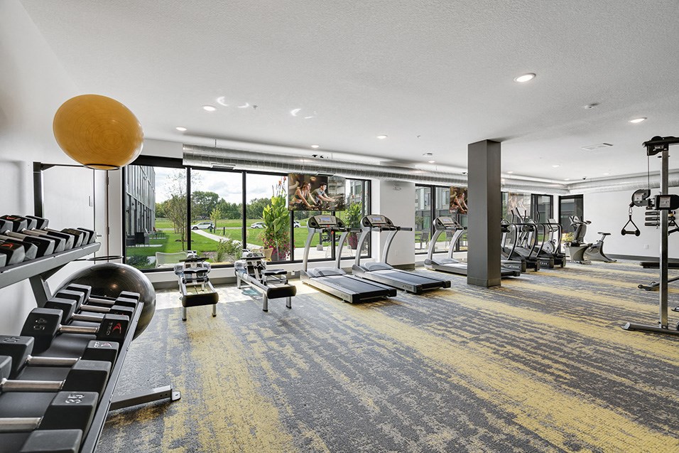 a gym with treadmills and other exercise equipment and a view of a lawn