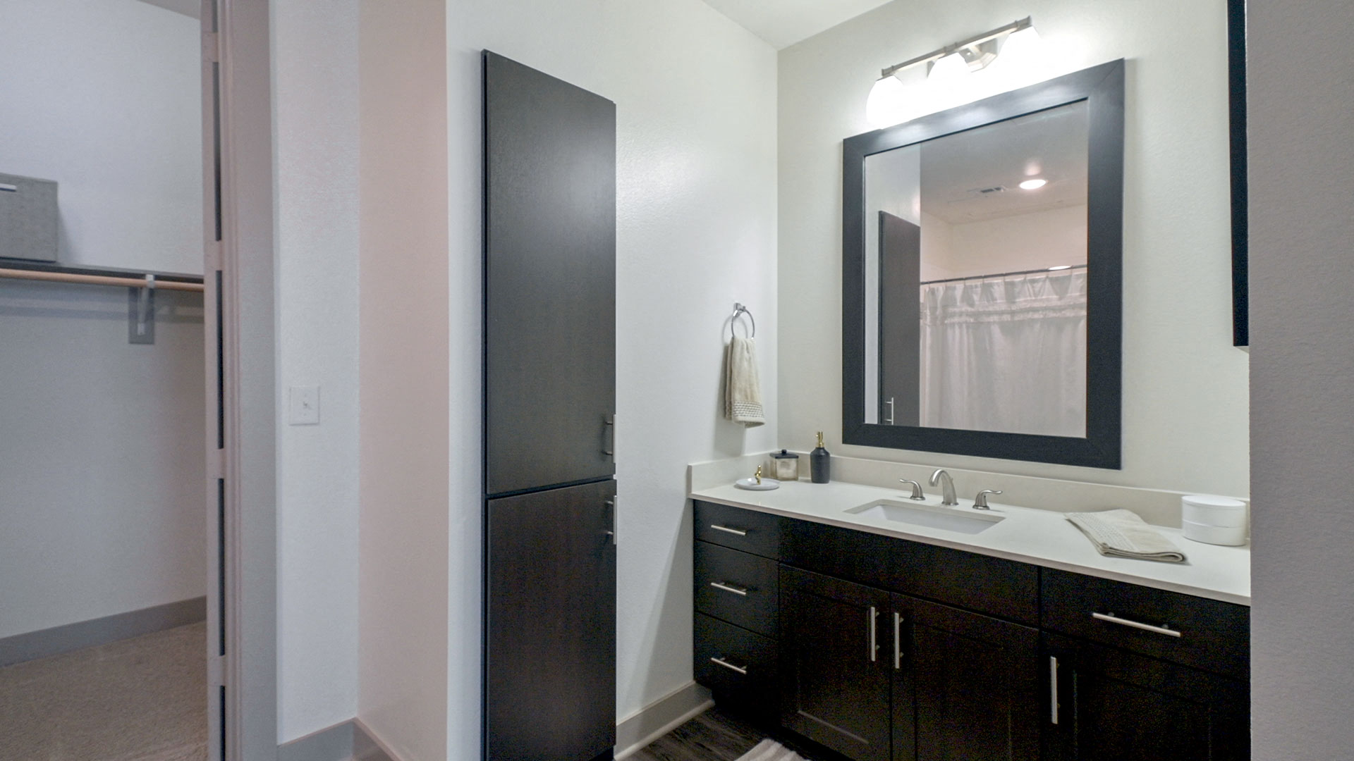 Inside a bathroom in a residence at Crest at Las Colinas Station. The vanity is on the right with a closet open off to the left.