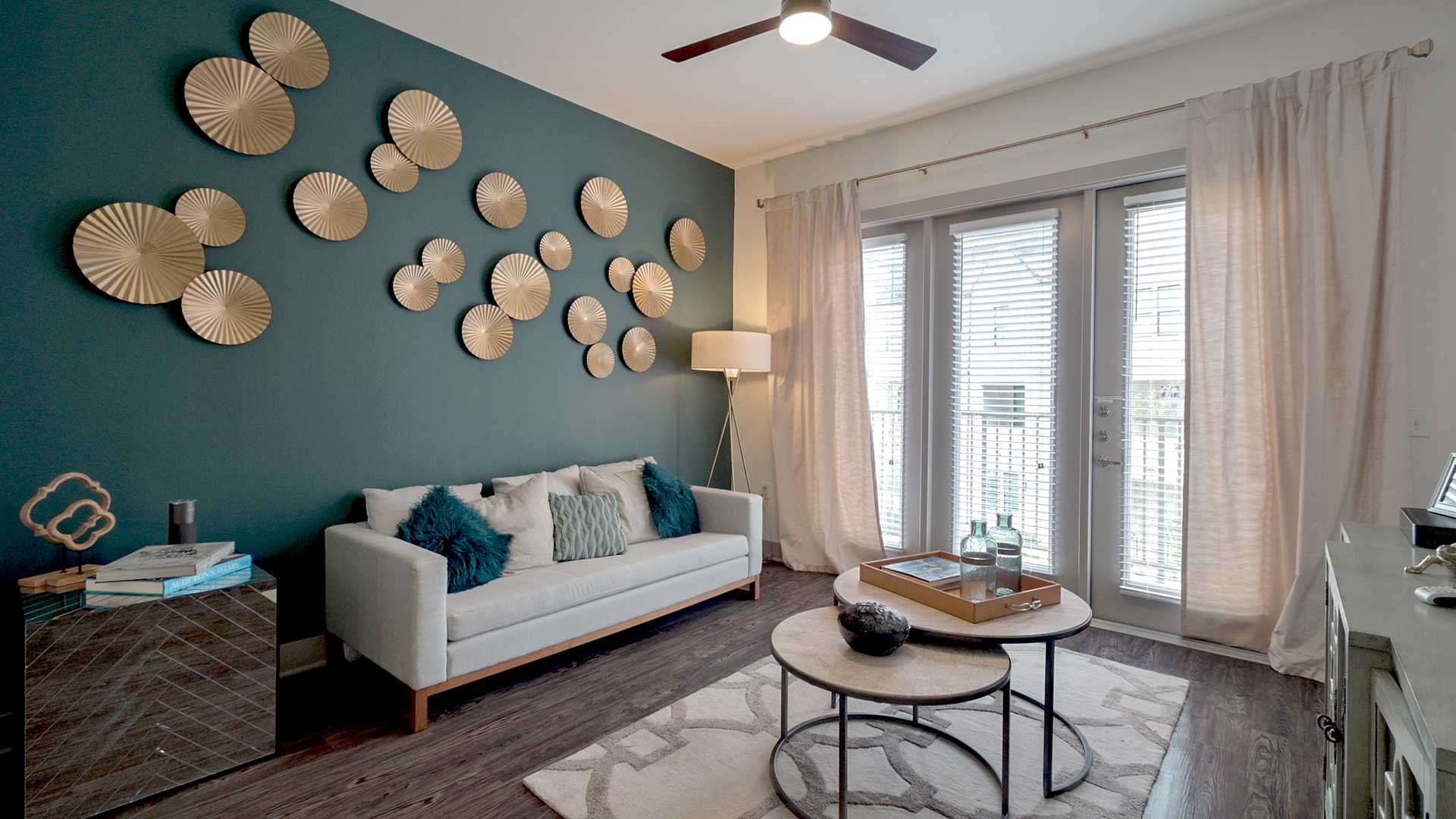 a living room with a couch and a table