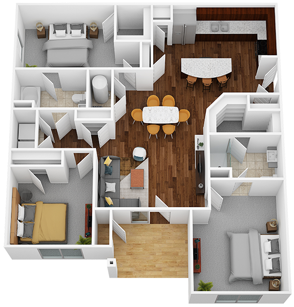 a 3d rendering of the clubhouse floor plan with a large dining table and chairs