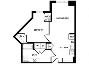 one bedroom floor plan at The Bradley