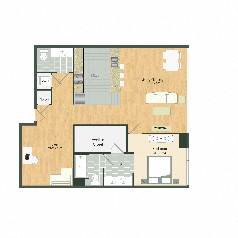 A3 – 1 Bedroom 1.5 Bath Floor Plan Layout – 1004 Square Feet at Aqua Via Apartments, Oakland