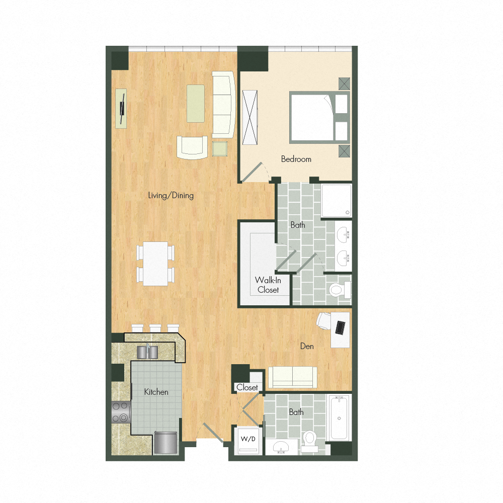 A5 – 1 Bedroom 2 Bath Floor Plan Layout – 1100 Square Feet at Aqua Via Apartment, California