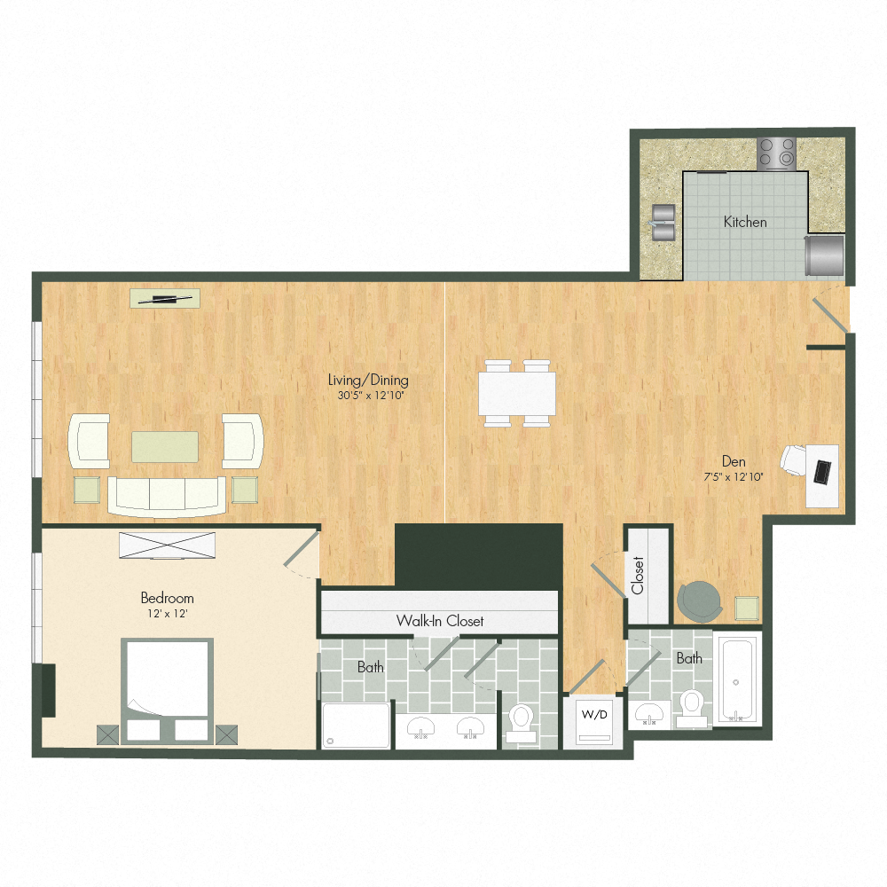 A6 – 1 Bedroom 2 Bath Floor Plan Layout – 1196 Square Feet at Aqua Via Apartments, Oakland, 94607
