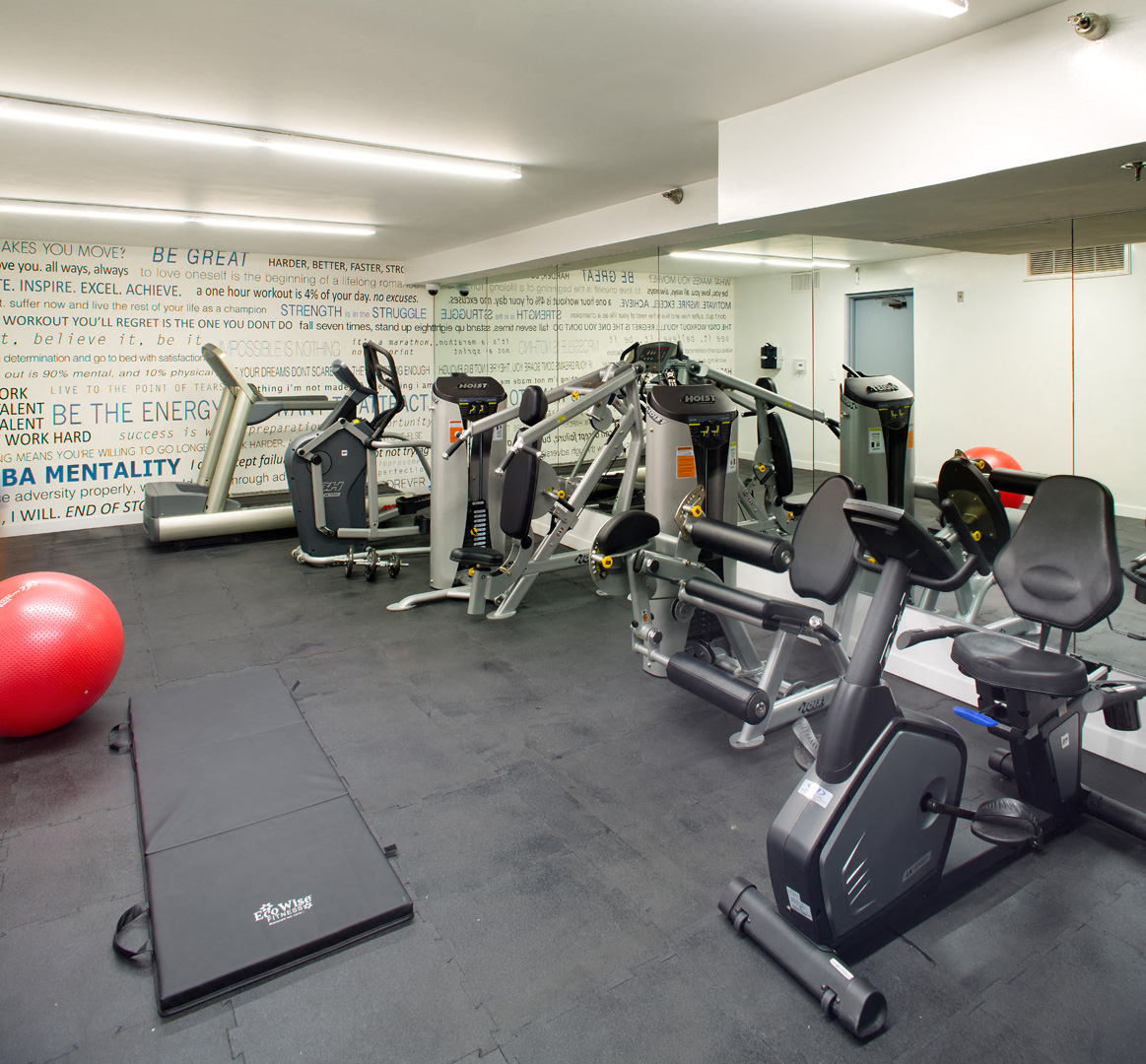 a gym with cardio equipment and weights in a building