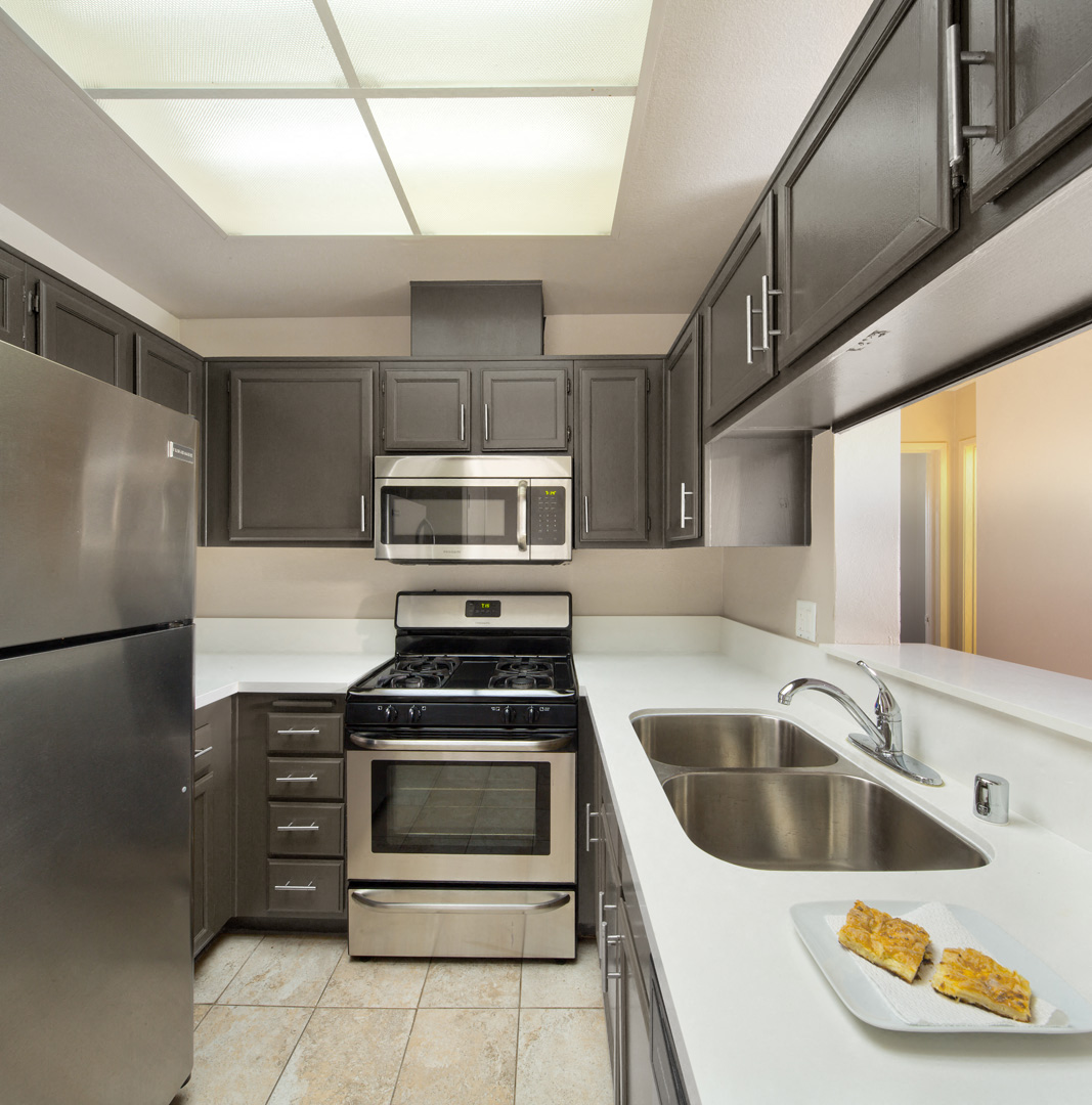 a kitchen with black cabinets and stainless steel appliances and a sink