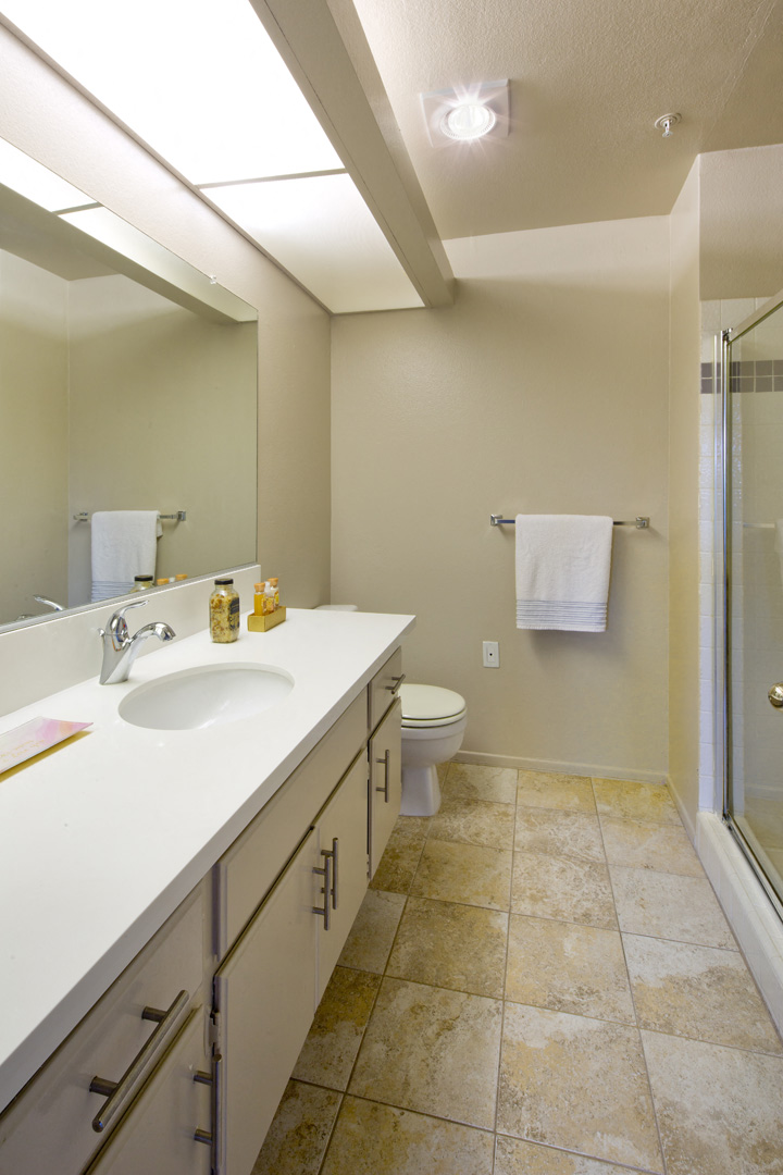 a bathroom with a sink and a shower and a toilet