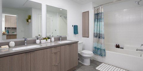 a bathroom with a large mirror and a sink and a toilet