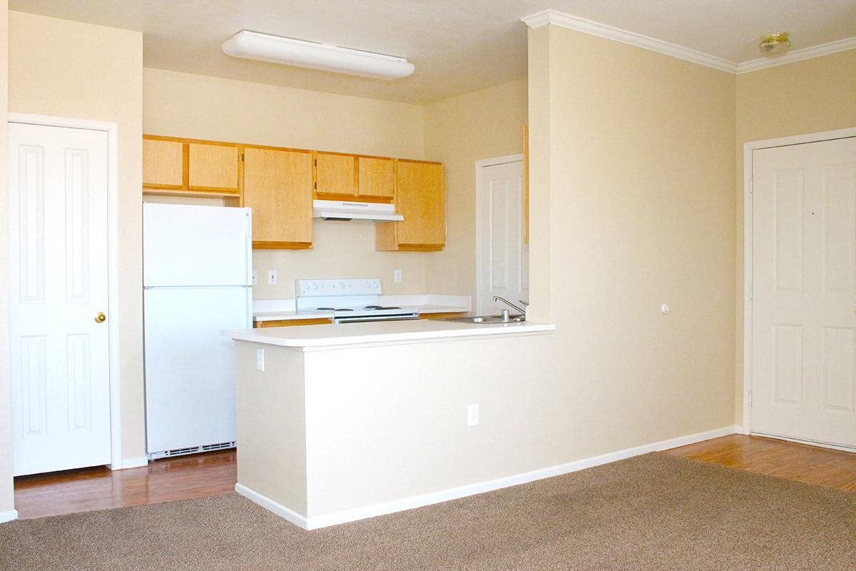 an empty kitchen with a counter and a refrigerator