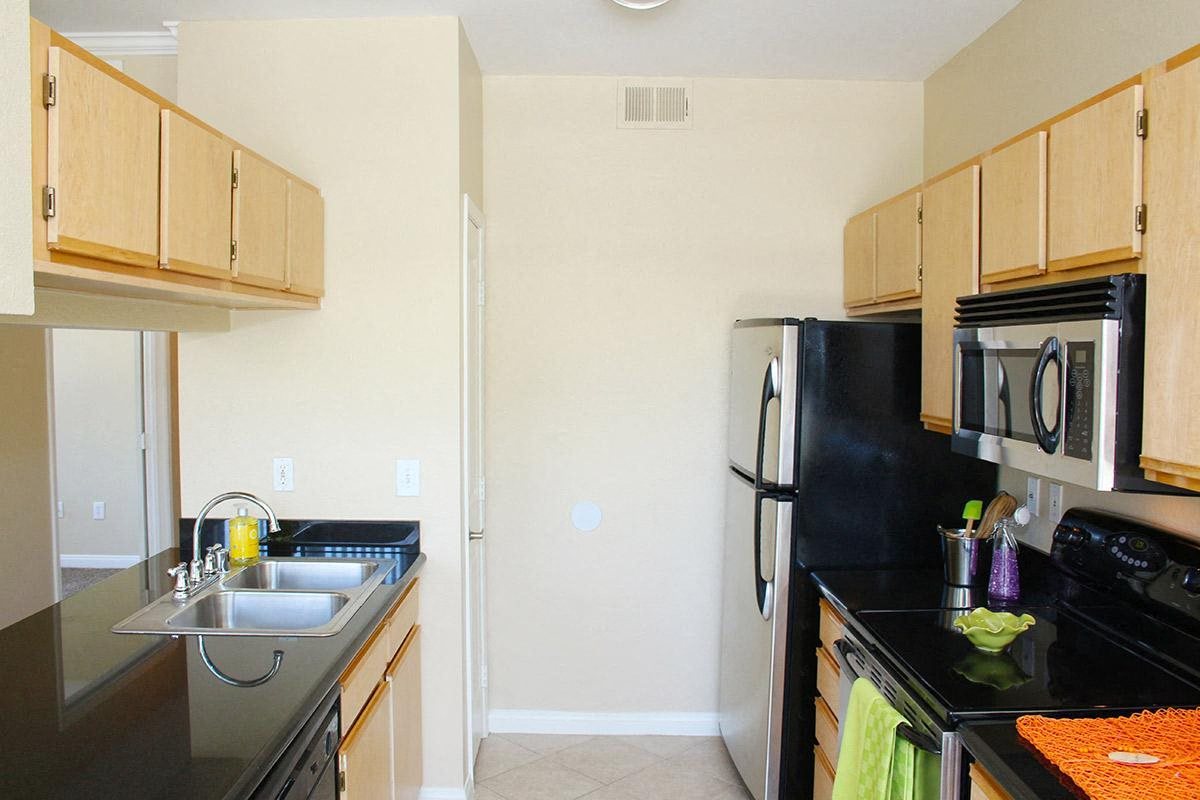 a kitchen with a black refrigerator and a sink