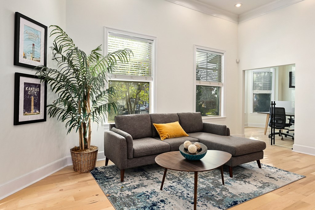 a living room with a couch and a coffee table