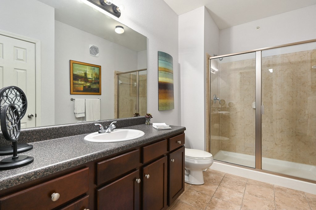 a bathroom with a sink and a shower and a toilet