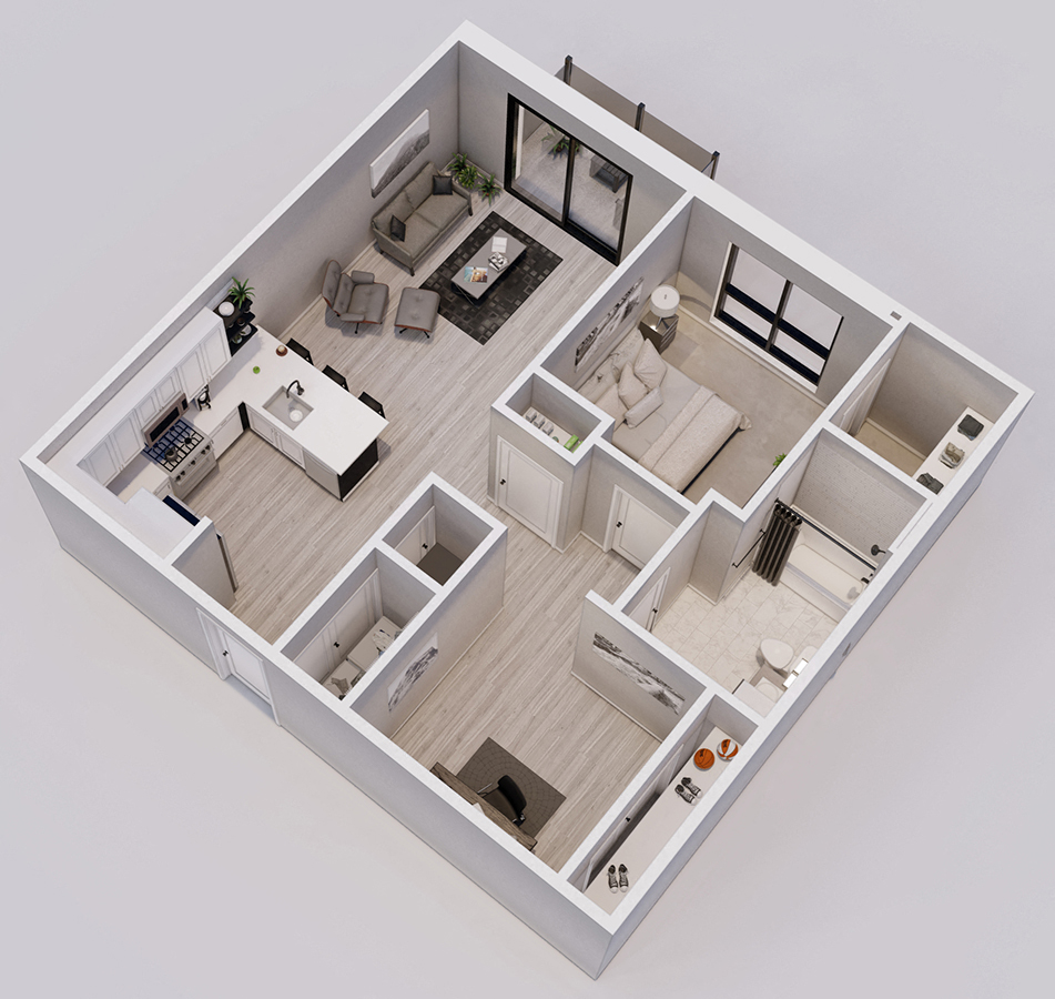 Hartman Style A - 1 bed, 1 bath + den - 3D floor plan