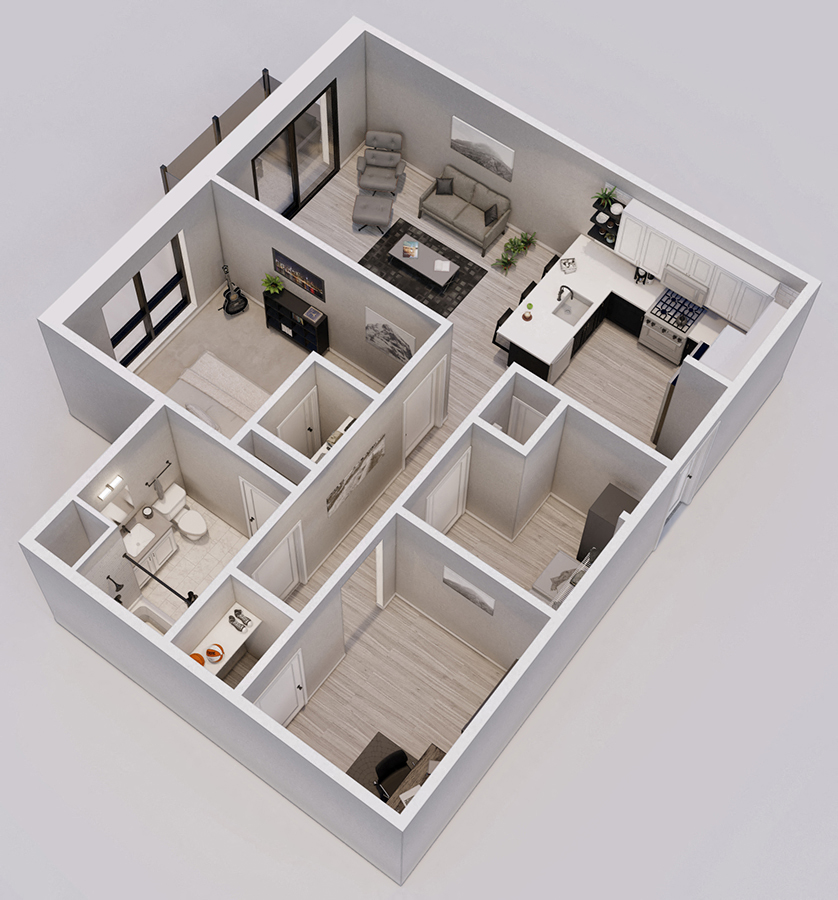 Hartman Style B - 1 bed, 1 bath + den - 3D floor plan