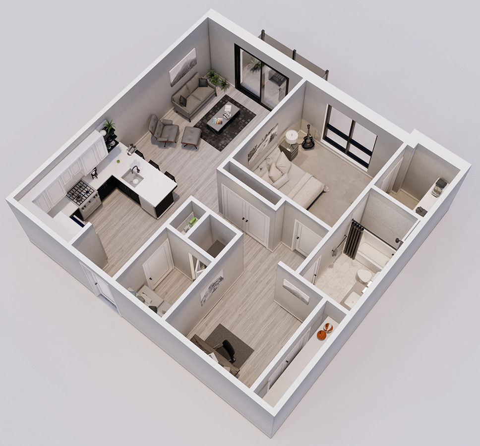 Hartman Style C - 1 bed, 1 bath + den - 3D floor plan