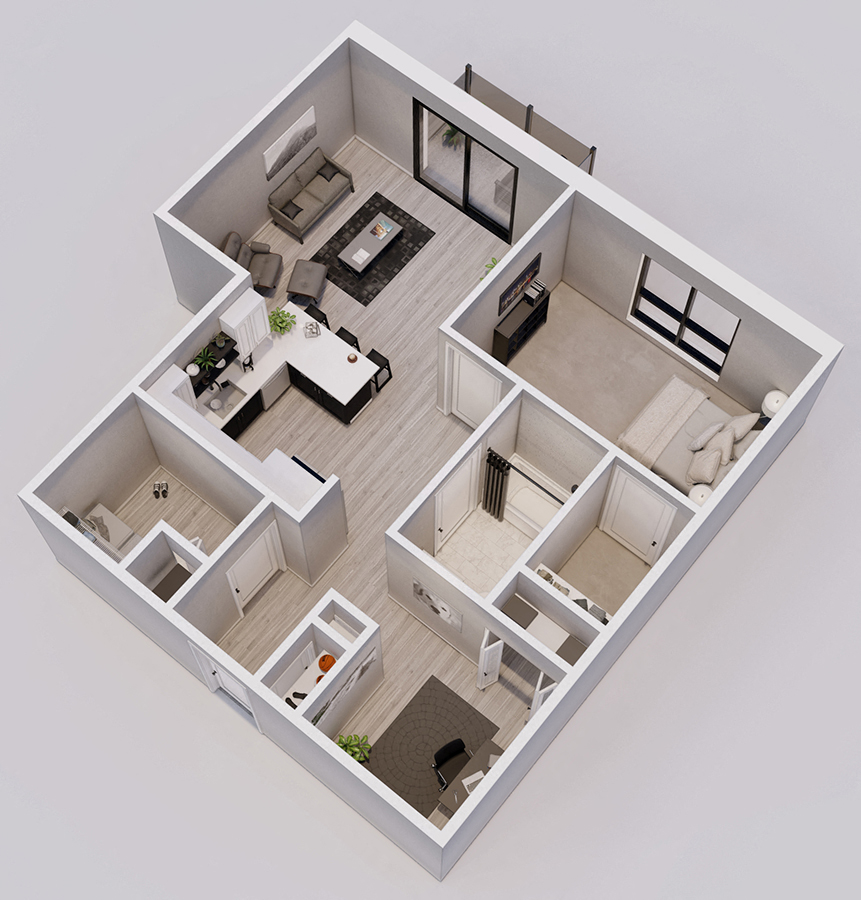 Hartman Style E - 1 bed, 1 bath + den - 3D floor plan