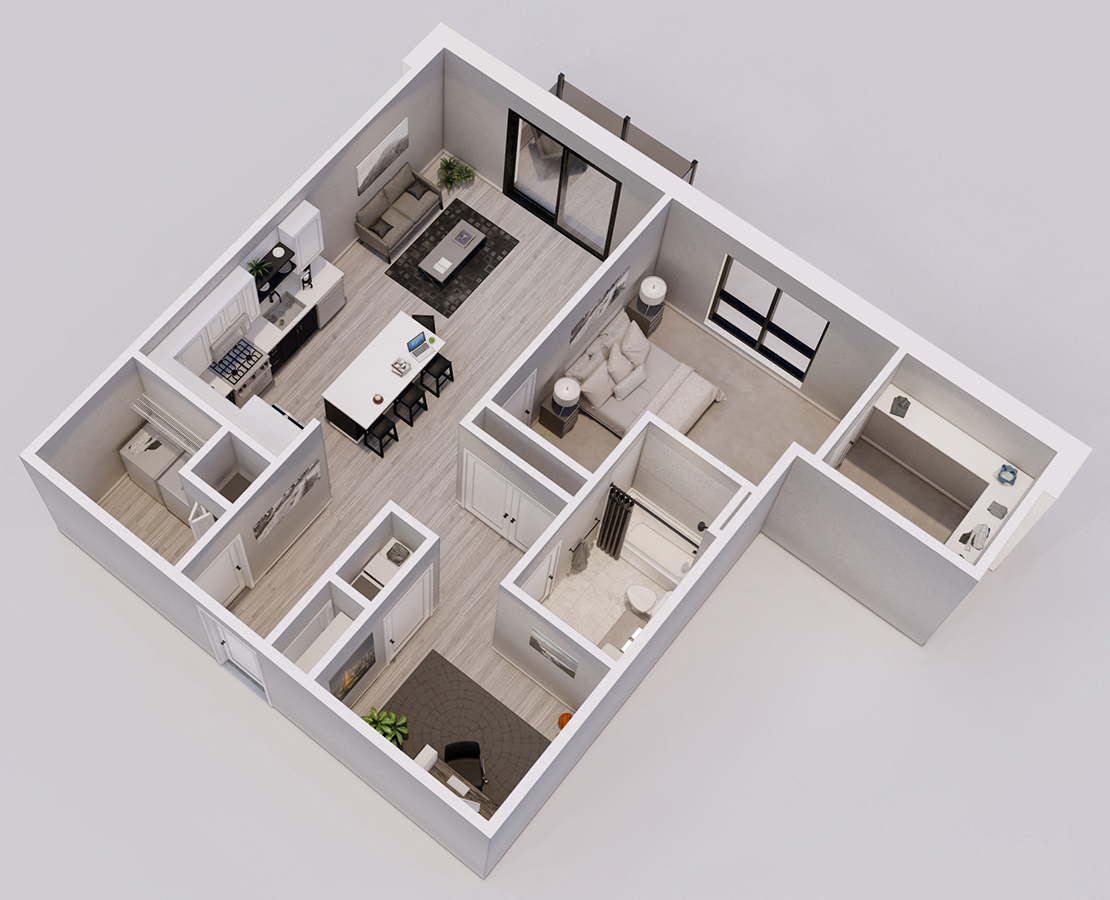 Hartman Style F - 1 bed, 1 bath + den - 3D floor plan