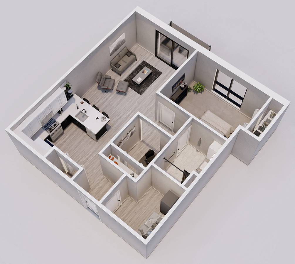 Hartman Style H - 1 bed, 1 bath + den - 3D floor plan