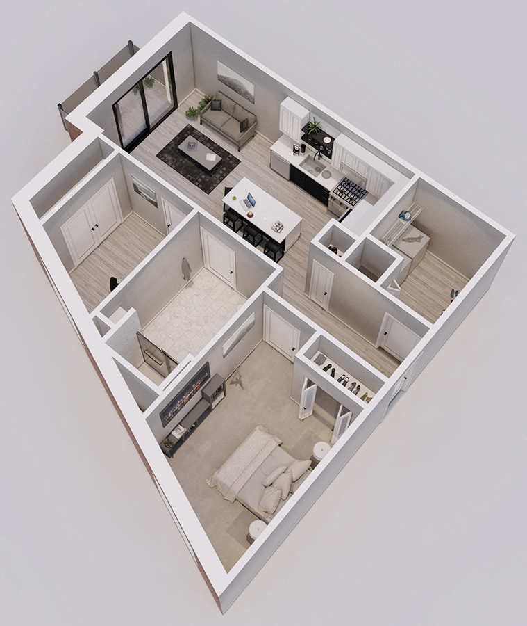 Hartman Style J - 1 bed, 1 bath + den - 3D floor plan