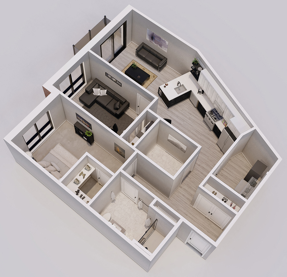 Hartman Style K - 1 bed, 1 bath + den - 3D floor plan
