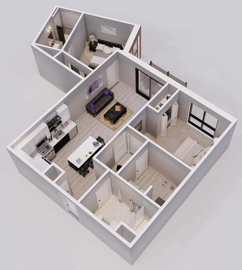 Tuxedo Style A - 2 bed, 2 bath apartment 3D floor plan