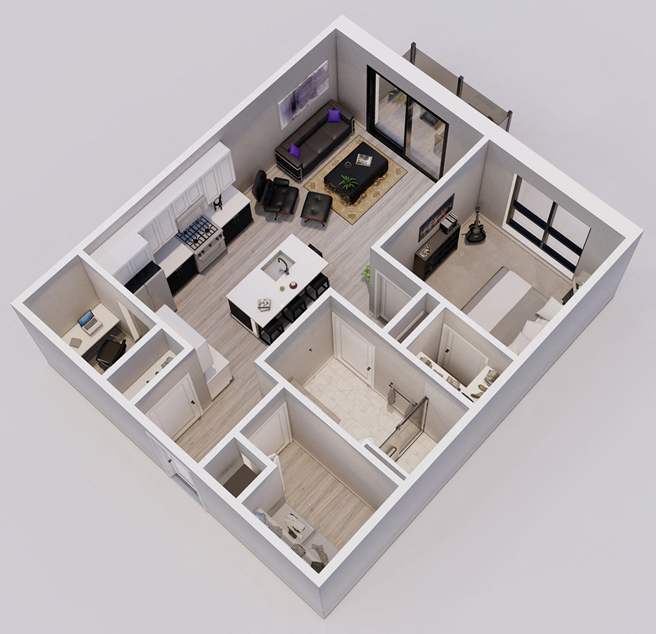 Wedgewood Style B - 1 bed, 1 bath apartment 3D floor plan