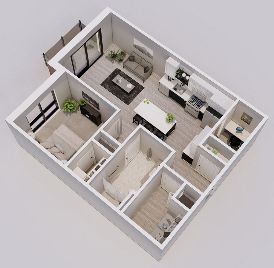 Wedgewood Style C - 1 bed, 1 bath apartment 3D floor plan