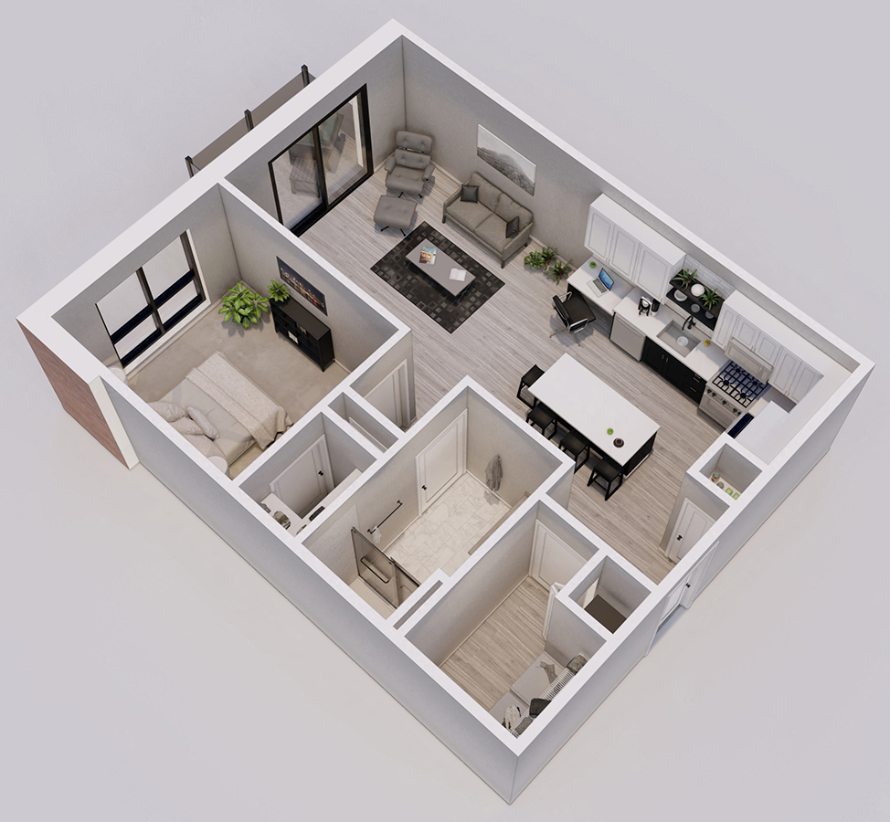 Wedgewood Style D - 1 bed, 1 bath apartment 3D floor plan