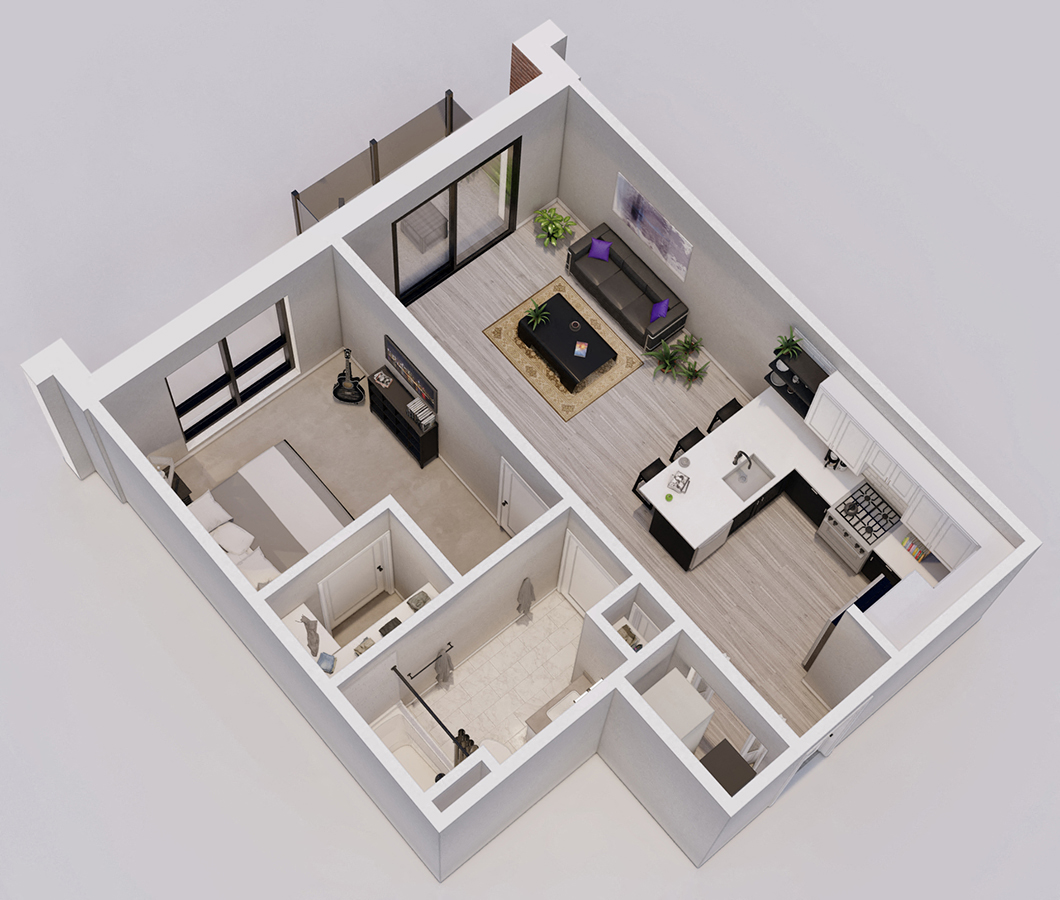 Wedgewood Style F - 1 bed, 1 bath apartment 3D floor plan