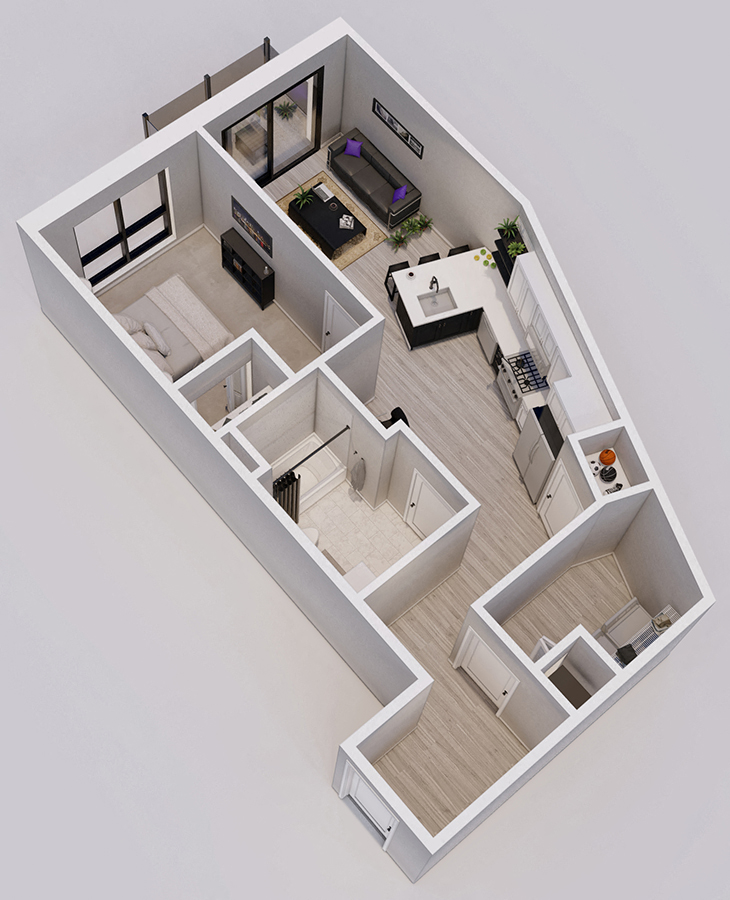 Wedgewood Style J - 1 bed, 1 bath apartment 3D floor plan
