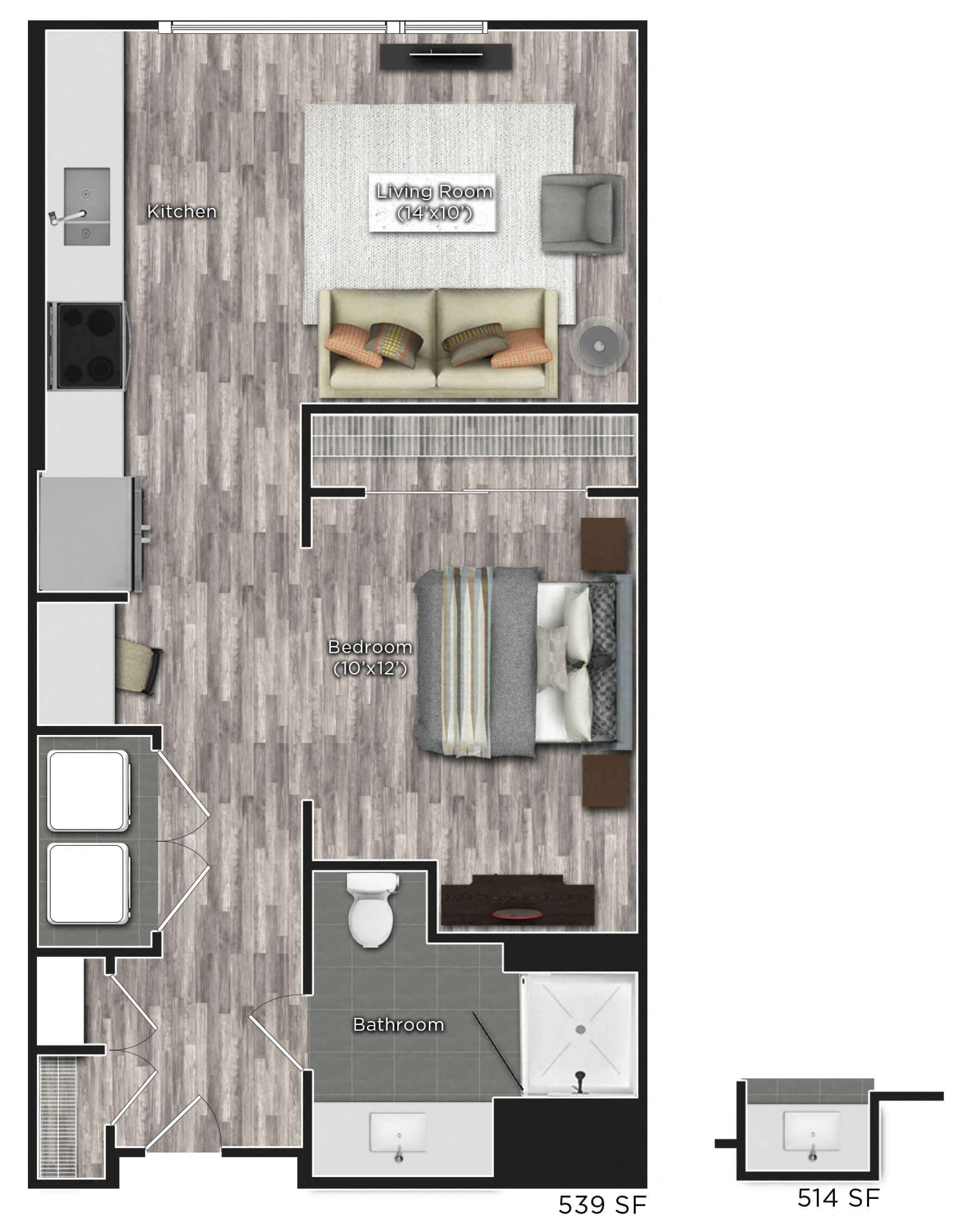Studio 1 bathroom floor plan at Tens on West, Atlanta, GA, 30309